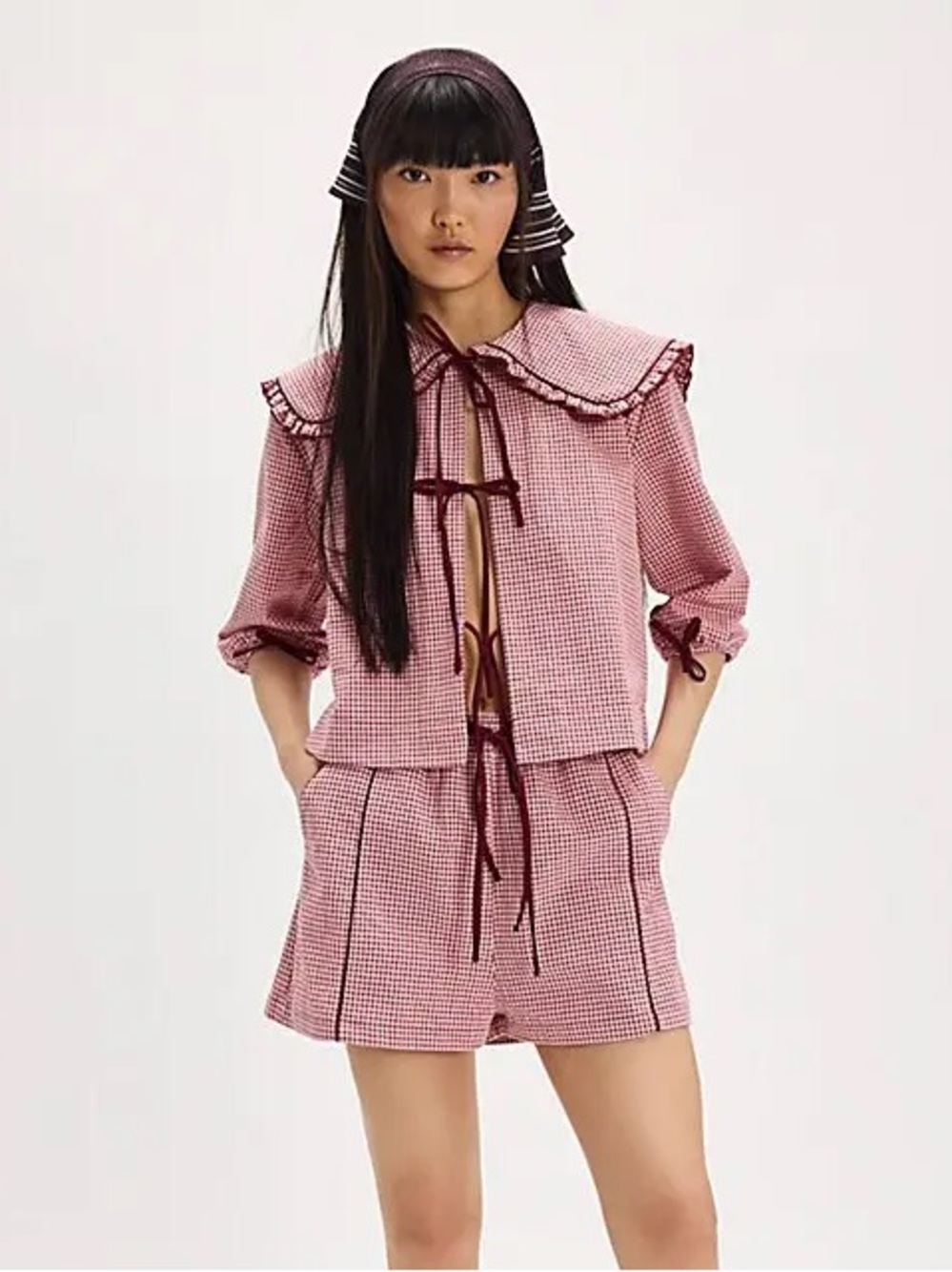 NWOT ALOHAS Ari Checks Tie Blouse in Burgundy - Medium